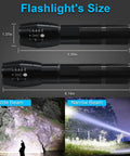 Dimensions of Rechargeable LED Flashlight 12000 Lumens With Chargers And Batteries Included, beam comparisons, two pack.