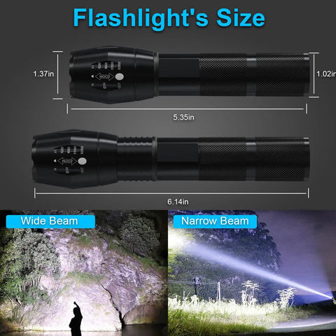 Dimensions of Rechargeable LED Flashlight 12000 Lumens With Chargers And Batteries Included, beam comparisons, two pack.