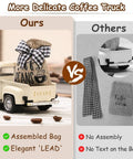 Comparison of coffee bar metal truck decor with mini diecast truck coffee beans burlap sack vs. non-assembled alternative.
