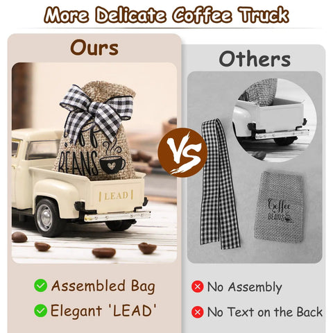 Comparison of coffee bar metal truck decor with mini diecast truck coffee beans burlap sack vs. non-assembled alternative.