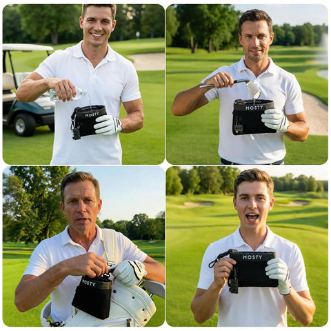 Players using Portable Golf Club And Ball Cleaner Bag With Waterproof Liner Mess Free On The Go Ball Washer Pouch For Golf Bags