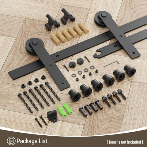 5.5Ft Single Sliding Barn Door Hardware Kit in Black Carbon Steel with Flat Track System showcasing all components