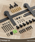 Beefy Heavy Duty Sliding Barn Door Hardware Kit For Ultra Quiet Smooth Operation with steel track and rollers on wooden floor