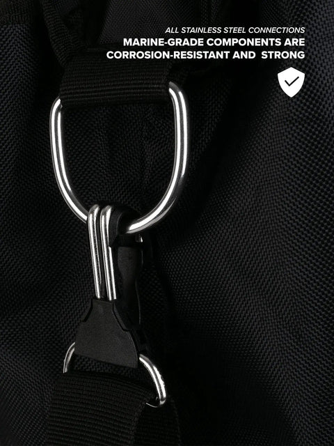 Close-up of stainless steel D-rings on collapsible mesh snorkel bag for long fins with top opening and hands-free carry.