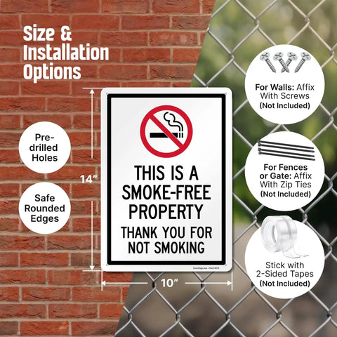 Straight Up Smoke Free Property Sign Featuring Bold No Smoking Symbol, 14 X 10 Inch Heavy Duty Rustproof Aluminum Metal Wall Yard Sign, Super Durable Indoor Outdoor Setup, Made Right In Usa on a brick background.