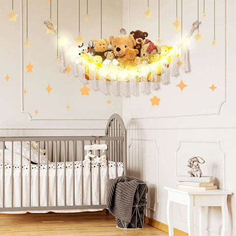 Stuffed Animal Hammock With LED Light Large Plushie Net Storage For Kids Room Decor Corner Toy Organizer For Cozy Playroom