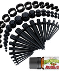 54 Piece Ear Gauge Stretching Kit For Beginners And Newbies With Jojoba Oil 14G To 12mm Starter Set featuring black acrylic plugs