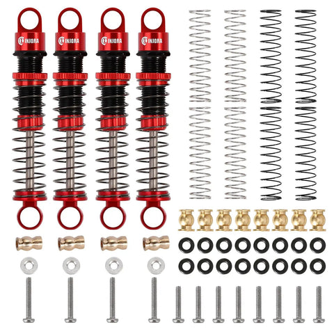 Beefy 45mm Aluminum Threaded Shock Absorbers With Oil Dampers For FCX24 1/24 RC Crawler Upgrade Red Quick Preload Adjustable Suspension With Three Spring Rates For Tuned Traction And Smooth Travel, showing full set of red shocks, springs, and mounting hardware laid out.