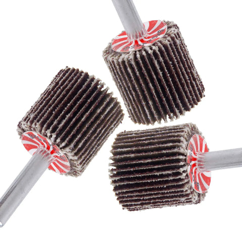Close-up of 50 Pack Mounted Flap Wheels 1 Inch Diameter By 1 Inch Wide With 1/4 Inch Shank 80 Grit Aluminum Oxide For Rust Removal And Weld Burr Cleanup