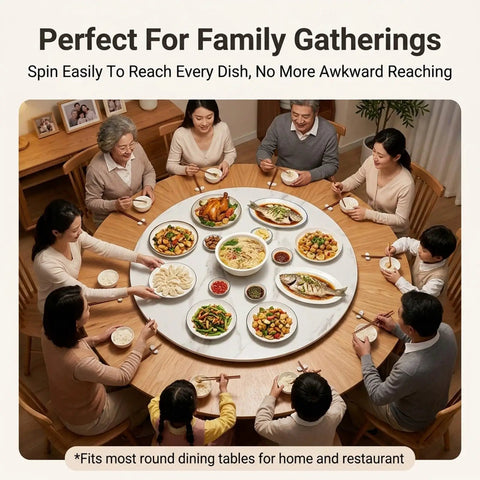 Family gathered around table with Must-Have 360 Degree Marble Lazy Susan For Tabletop, Rotating Serving Turntable with dishes