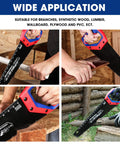 Handsaw in use for cutting wood and PVC, featuring a red non-slip ergonomic handle and anti-rust SK5 steel blade with black Teflon coating.