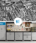 Before and after of Garage Storage Cabinet System 5 Piece Workshop Set With Drawers Locking Heavy Duty Rolling Cart And Adjustable Shelves