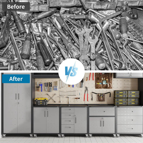 Before and after of Garage Storage Cabinet System 5 Piece Workshop Set With Drawers Locking Heavy Duty Rolling Cart And Adjustable Shelves