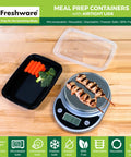 50 Pack One Compartment Meal Prep Containers With Lids, BPA Free Bento Boxes on a scale with food, showing size and use