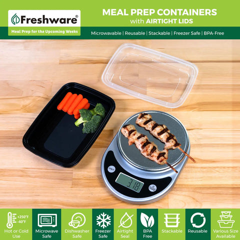 50 Pack One Compartment Meal Prep Containers With Lids, BPA Free Bento Boxes on a scale with food, showing size and use