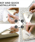 Hands applying Ultra Thin Rug Tape For Carpets 12 Pcs Set No Slip Corner Grippers on white carpet to prevent curling