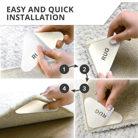 Hands applying Ultra Thin Rug Tape For Carpets 12 Pcs Set No Slip Corner Grippers on white carpet to prevent curling