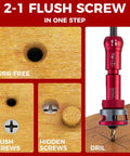 Close-up of 9 Piece Countersink Drill Bit Set With Two Flute TCT Alloy Tapered Bits drilling wood for flush and hidden screws
