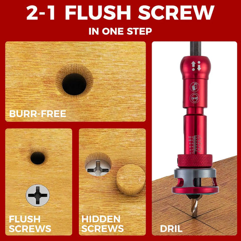 Close-up of 9 Piece Countersink Drill Bit Set With Two Flute TCT Alloy Tapered Bits drilling wood for flush and hidden screws