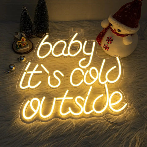 "Baby it's cold outside" LED neon sign on furry background with festive decorations, not Eyes Lashes LED Neon Sign Evil Eye Neon Light USB Powered For Wedding Parties Home Wall Decor Bedroom Living Room Game Room Aesthetic Vibe Safe Low Voltage Night Light With Soft Even Glow.