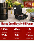 Heavy Duty 24V Oil Transfer Pump 2.8 Gpm Complete Pre Assembled Sump Extraction Kit In Rugged Carrying Case with hose and oil jug.