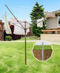 Backyard Game Changer Umbrella Clothesline, 12 Line Outdoor Drying Rack With Adjustable Height And 164 Feet Of Total Hanging Space, Includes Ground Stakes, Protective Cover, And 36 Clips For Zero Hassle Laundry Loads, with clothes hanging.