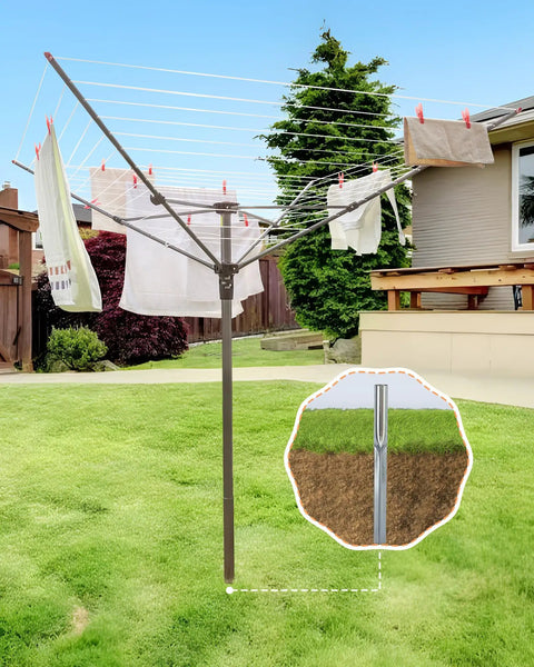 Backyard Game Changer Umbrella Clothesline, 12 Line Outdoor Drying Rack With Adjustable Height And 164 Feet Of Total Hanging Space, Includes Ground Stakes, Protective Cover, And 36 Clips For Zero Hassle Laundry Loads, with clothes hanging.