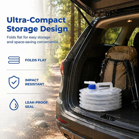 Leakproof Spigot Collapsible Water Container With Handle Accordion Foldable Jug in SUV trunk for camping