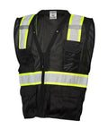 Men's Black Hi Vis Safety Vest With Six Spacious Utility Pockets And Cooling Mesh Back, Bold Reflective Stripes For Reliable Job Site Visibility, lightweight polyester with mesh back.
