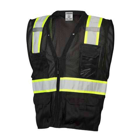 Men's Black Hi Vis Safety Vest With Six Spacious Utility Pockets And Cooling Mesh Back, Bold Reflective Stripes For Reliable Job Site Visibility, lightweight polyester with mesh back.