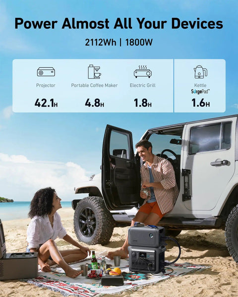 People camping on a beach using Solix BP1000 Expansion Battery 1056Wh LiFePO4 With 10 Year Lifespan And 3000 Cycles Doubles To 2112Wh For SOLIX C1000.