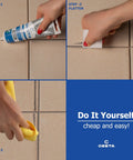 Tile Grout Repair Kit Squeeze Tube Fast Drying Waterproof Grout Paint to Restore and Renew Tile Joints for Bathroom Kitchen Shower Floor Tiles Grey 8.8 Oz With Precision Spatula and Easy Application for Diy Renovations. Step-by-step application and cleaning with spatula and cloth shown.