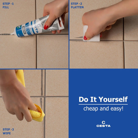 Tile Grout Repair Kit Squeeze Tube Fast Drying Waterproof Grout Paint to Restore and Renew Tile Joints for Bathroom Kitchen Shower Floor Tiles Grey 8.8 Oz With Precision Spatula and Easy Application for Diy Renovations. Step-by-step application and cleaning with spatula and cloth shown.