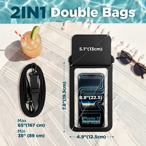 Waterproof Phone Pouch 2 Pack Up To Eight Point Eight Inches Double Bag IPX8 Case Built For Outdoors Beefy Protection