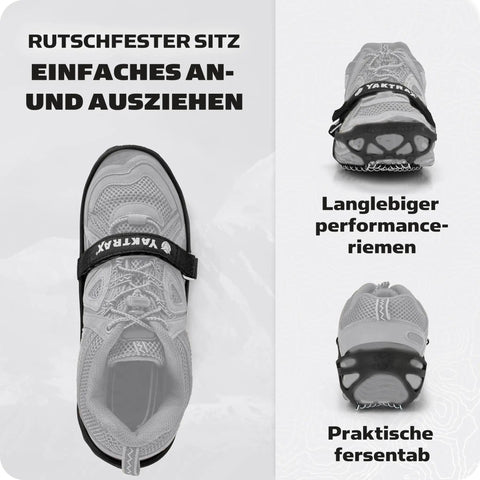 Top view of Battle Ready Ice Traction Cleats For Walking Running And Hiking Stainless Steel Spring Coils on shoes, black design.