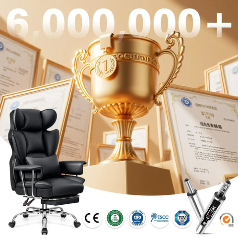 Big And Tall Leather Office Chair With Footrest For All Day Comfy Support, High Back Ergonomic Wide Desk Chair next to trophy and certificates