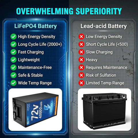 Comparison of Heavy Duty 72V 40Ah LiFePO4 Deep Cycle Battery Built To Kick Ass For Electric Trikes And Scooters with Lead-acid battery.