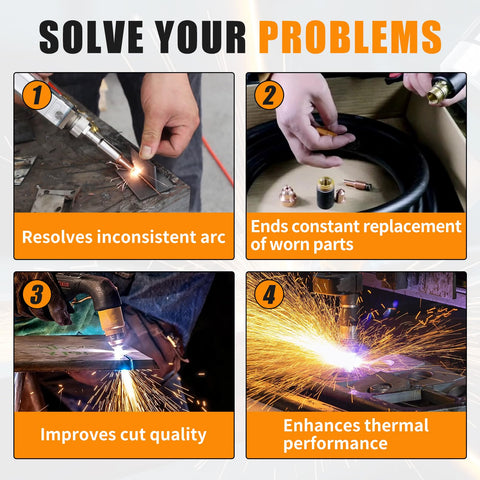 IPT65 Plasma Cutter Consumables Kit With Pro Grade Electrodes Nozzles Swirl Ring Shield Cap And Standoff Guide benefits diagram