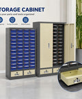 Heavy Duty Steel Tool Storage Cabinet With Locking Drawers And Label Tabs built like a tank, showing blue bins and drawer compartments.