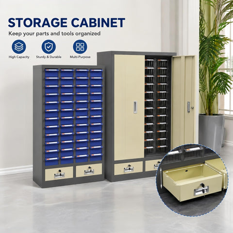 Heavy Duty Steel Tool Storage Cabinet With Locking Drawers And Label Tabs built like a tank, showing blue bins and drawer compartments.
