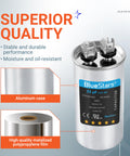 UL Certified 25uF Round Motor Run Capacitor For 370V Or 440V AC, aluminum case, high-quality metallized film, labeled BlueStars