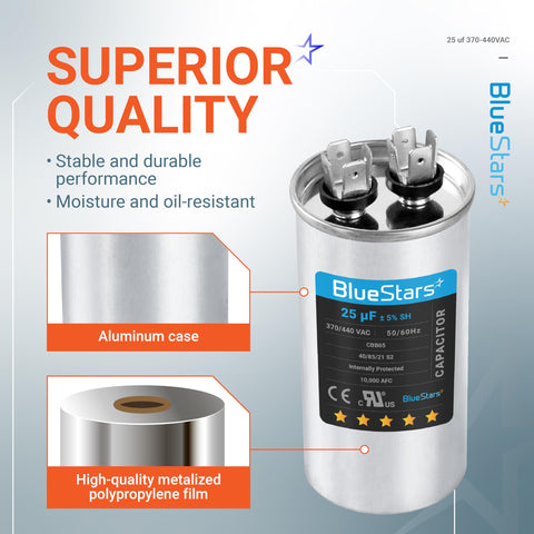 UL Certified 25uF Round Motor Run Capacitor For 370V Or 440V AC, aluminum case, high-quality metallized film, labeled BlueStars