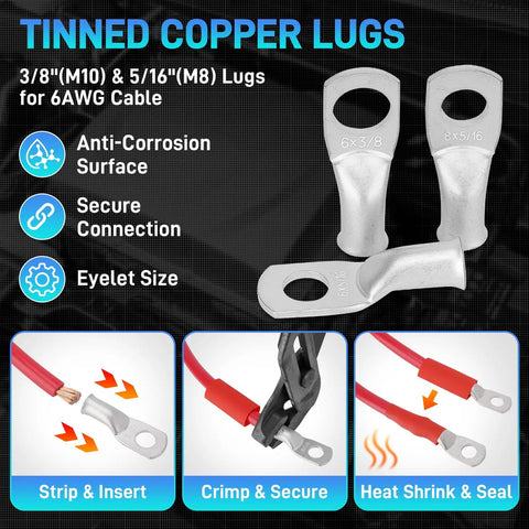 6 AWG Battery Cable Set 20ft Black and 20ft Red, Pure Copper Heavy Duty Wire With Terminal Lugs and Heat Shrink Tubing, Built for Cars RVs Boats Inverters Solar and Welding Projects. tinned copper lugs for 6 AWG cable