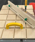 ZeroPlay Miter Bars 2-Pack With MatchFit Jig Handle installed on table saw sled, showing top-down mounting for precise alignment.