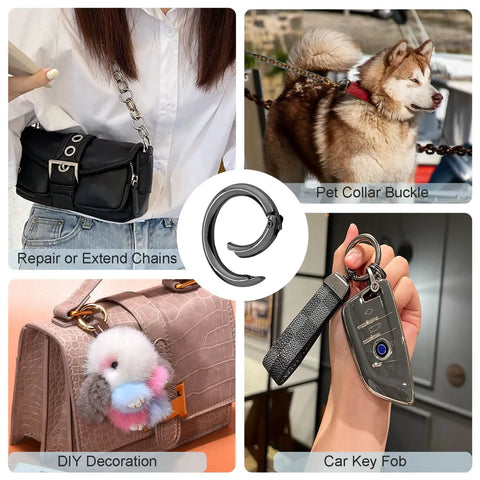 1 Inch Metal Spring O Ring Clip Keychain Set shown in various uses including bags, pet collars, and key fobs for DIY projects.