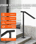 Rock Solid Floor Mounted Stair Handrail For 2 To 3 Steps And 36 Inch Wide Iron Step Railing with smooth curve grip on outdoor stairs.