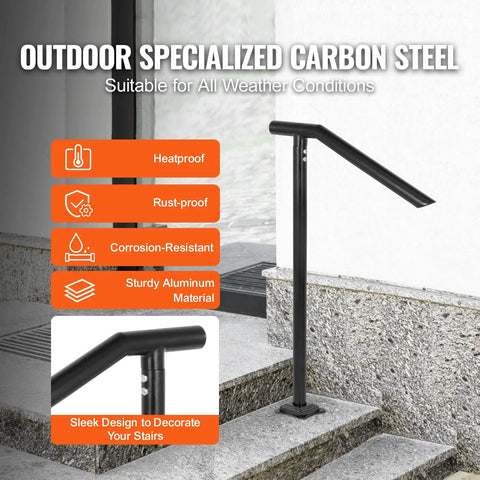 Rock Solid Floor Mounted Stair Handrail For 2 To 3 Steps And 36 Inch Wide Iron Step Railing with smooth curve grip on outdoor stairs.