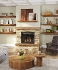 Living room with Heavy Duty Floating Shelf Brackets Set 6 Inch Long 6 Pack Black Coated Metal Wall Shelf Supports displaying decor above a fireplace.
