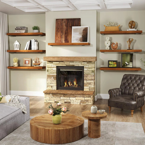 Living room with Heavy Duty Floating Shelf Brackets Set 6 Inch Long 6 Pack Black Coated Metal Wall Shelf Supports displaying decor above a fireplace.