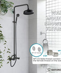 Exposed Wall Mount Shower Faucet Set With 8 Inch Rain Showerhead Brass Handheld Spray Double Cross Handles Oil Rubbed Bronze Finish 2 Function Diverter Top Notch Brass Construction displayed in a modern bathroom setting with installation details.